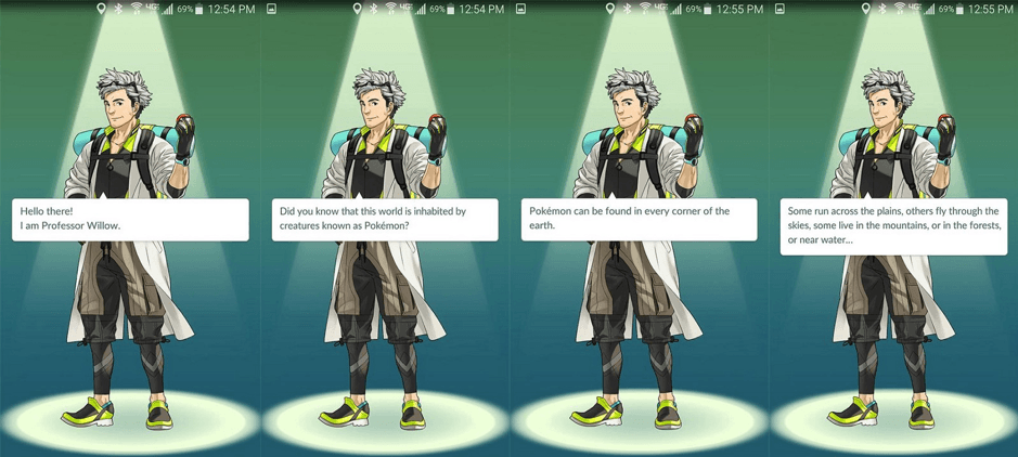 screenshots of the Pokemon Go! game where Professor WIllow explains the premis of the game