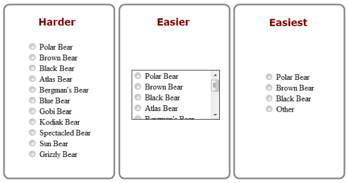 3 examples of a question design. The easiest having the fewest number of options