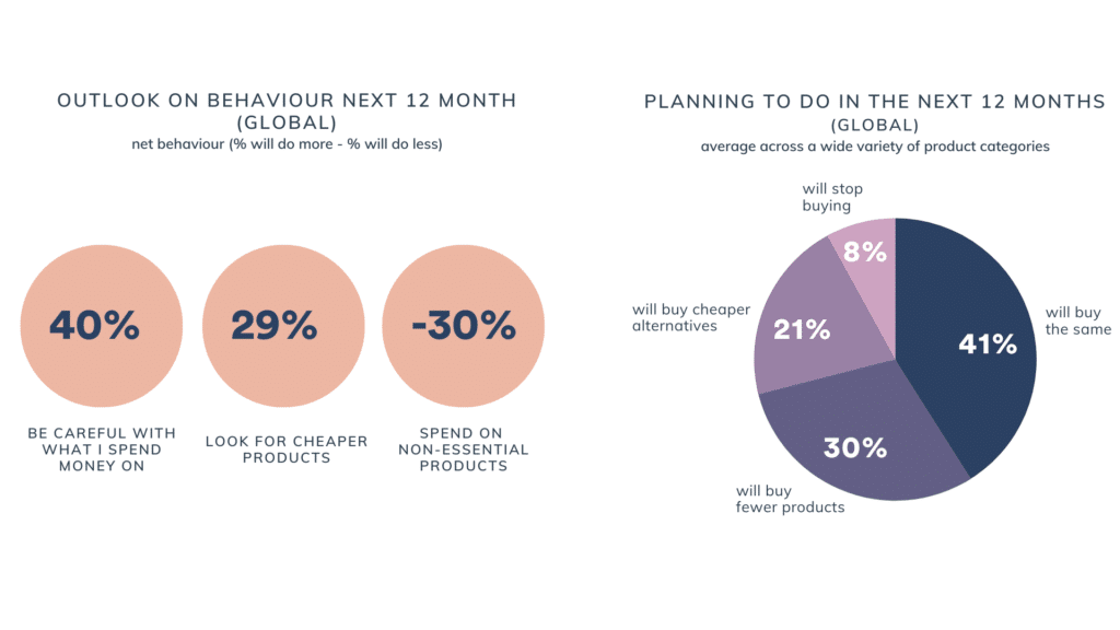 Statistics for Global Outlook on Behavior Next 12 Months and a pie chart of what people are "Planning to do Globally in the next 12 months"