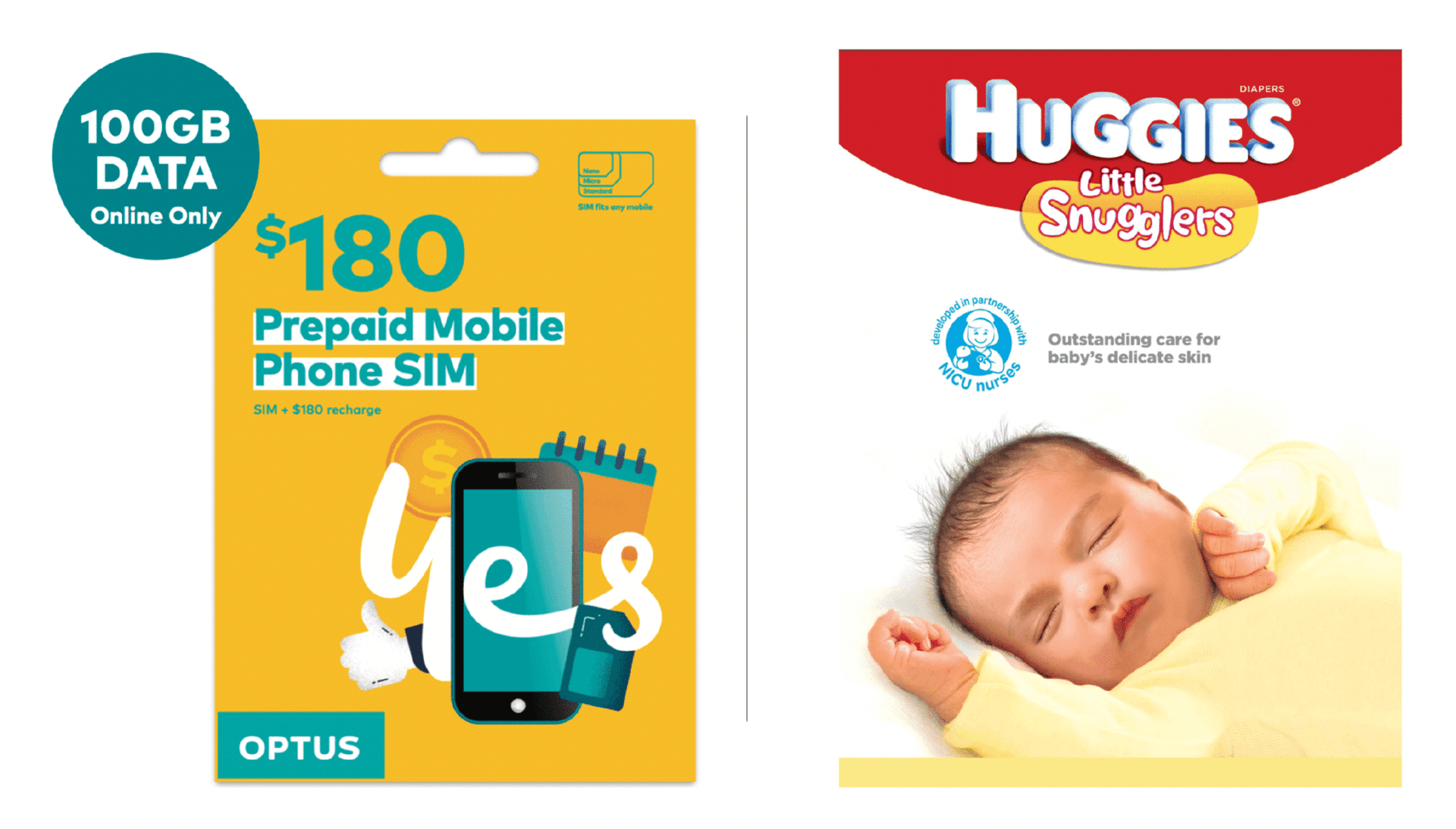 Advertisements for Optus cell phone and Huggies diapers