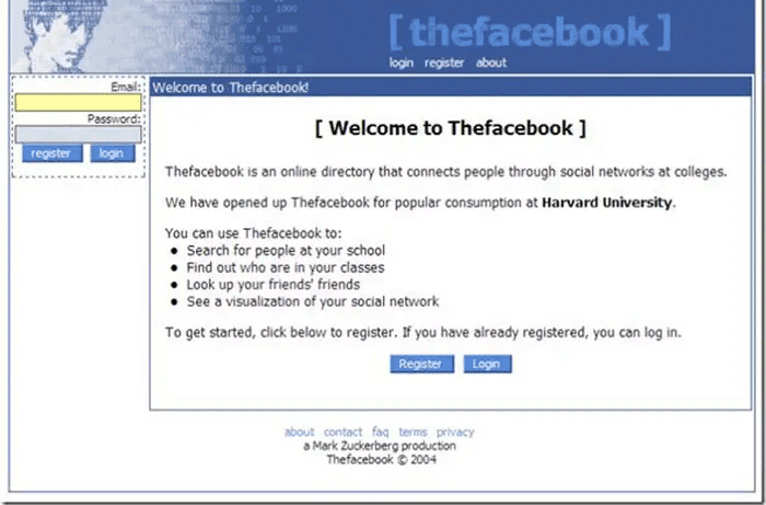 The original Facebook login page