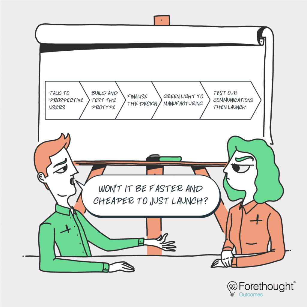 Comic of two people planning a product launch