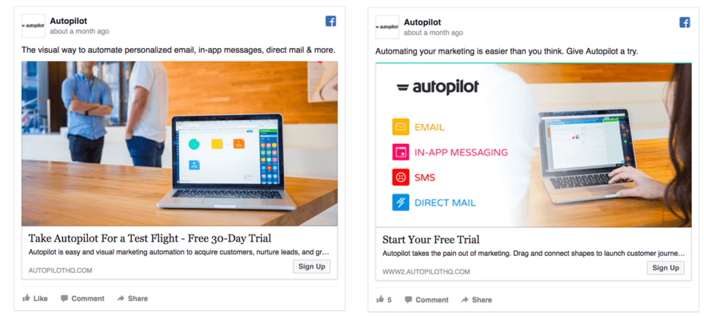 two tweets from Autopilot. One shows a stock photography picture of an open laptop with the Autopilot software. The other shows someone using a laptop, but text with the software's features is overlaid"